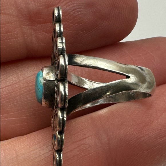Vintage “TIC” Handmade Turquoise Navajo Sterling Silver Long Oblong Size 6 Ring - Picture 6 of 16
